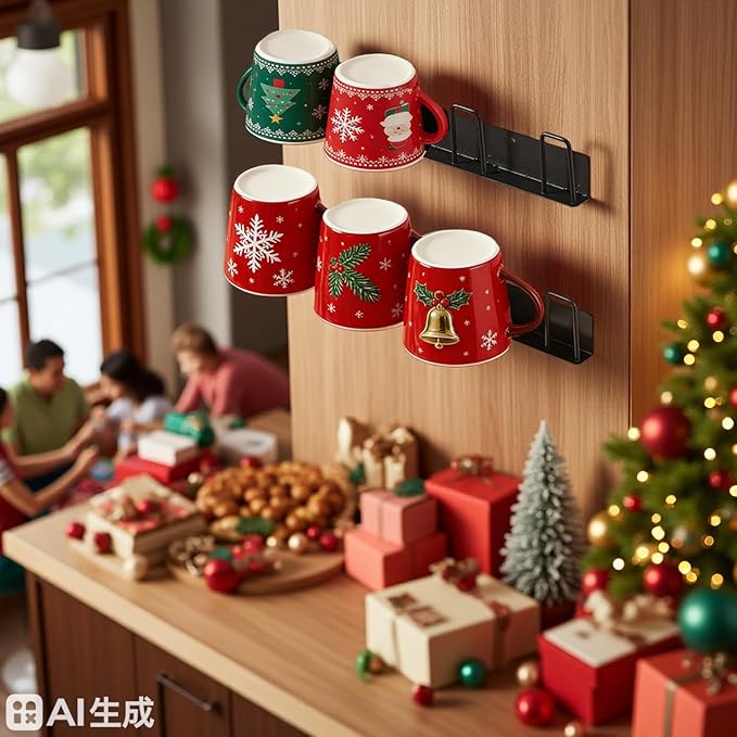 BAIEUEJO 2pcs Mug Hooks Wall-Mounted Mug Holder, Coffee Cups Holder Hanger no Drilling,Mug Rack Hooks with 4 Cup Holders,RV Must Haves Cups Storage Hooks for Kitchen,Living Room,Office (Black)