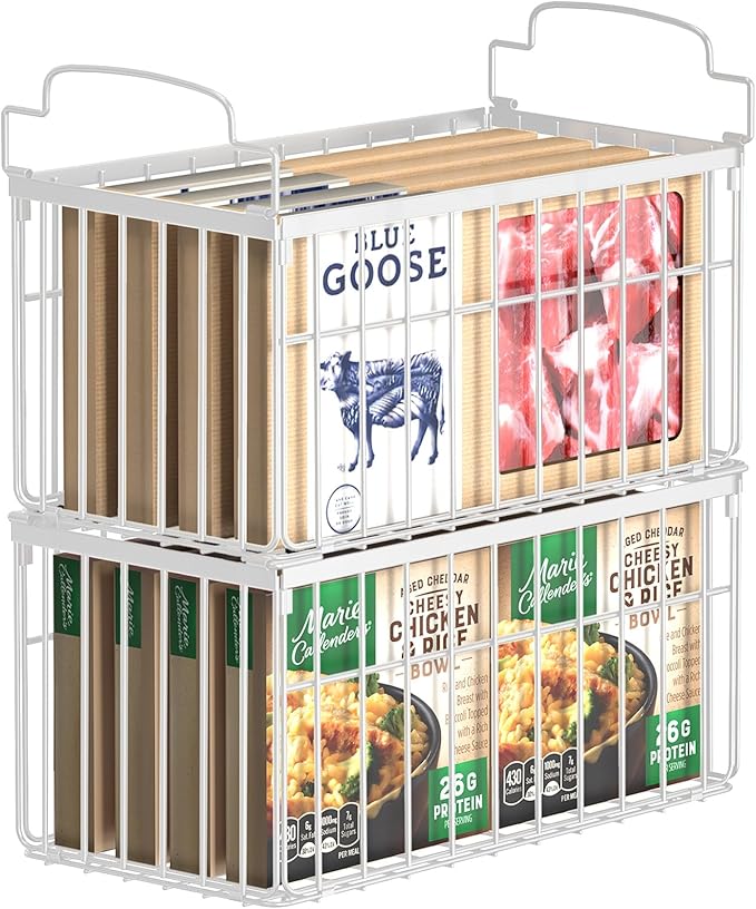 Freezer Organizer Bins, 2 Pack Stackable Deep Chest Freezer Organizer Bins, Foldable Baskets with Handles, White Storage Container Baskets for 5/ 7 Cu.FT Sort Frezen Meats
