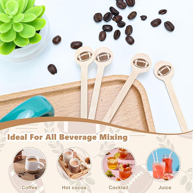 100 Pcs Football Coffee Stirrers with Holder 6 Inch Football Swizzle Sticks Wood Drink Stirrers Sports Black Stir Stick Holder Round End Cocktail Stirrers for Football Theme Party Favors Decoration