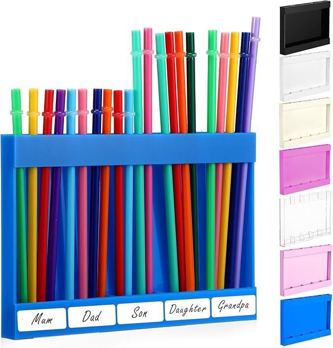 Qinyoung Acrylic Straw Holder for Cabinet Door with Double Sided Adhesive Tape Reusable Straw Organizer Tumbler Storage Kitchen Accessories Container for Counter Cupboard(Classic,Large,Blue)