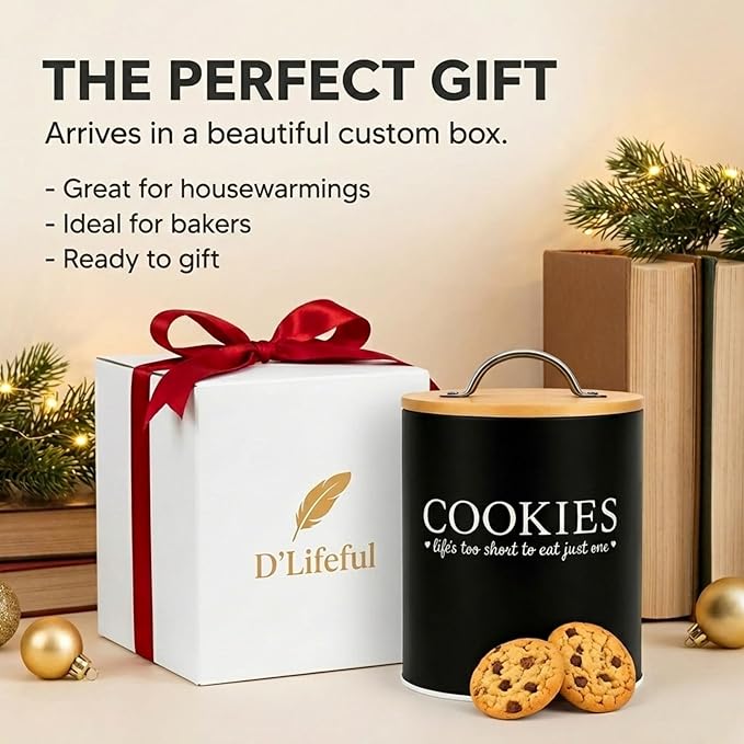 D'Lifeful Cookie Jar with Airtight Bamboo Lid – 0.6 Gallon Cute and Decorative Cookie Storage for Kitchen Countertop – Farmhouse Storage Tin for Freshness – Great Gift Idea