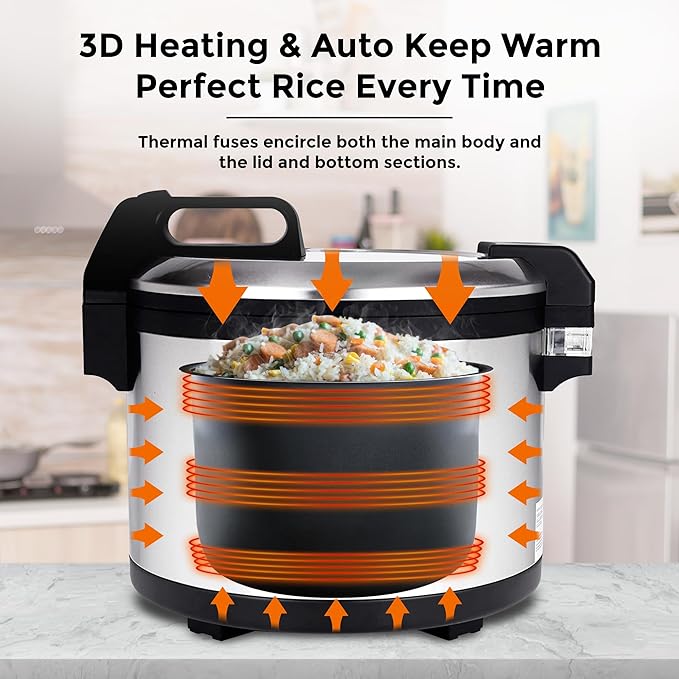 Commercial Stainless Steel Rice Cooker - Professional 64 Cup Cooked (32 Cup Uncooked) Rice Maker Cooker With Non Stick Pot & Hinged Lid - Includes a Rice Measuring Cup & Rice Scoop