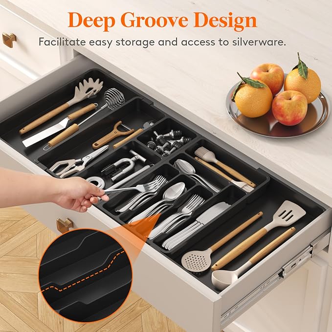 Lifewit Utensil Organizer for Kitchen Drawer, Expandable Cooking Silverware Tray, Adjustable Cutlery Flatware Holder, Plastic Spatula Tools Storage Divider, 21.3- 36 x 16.9", Black