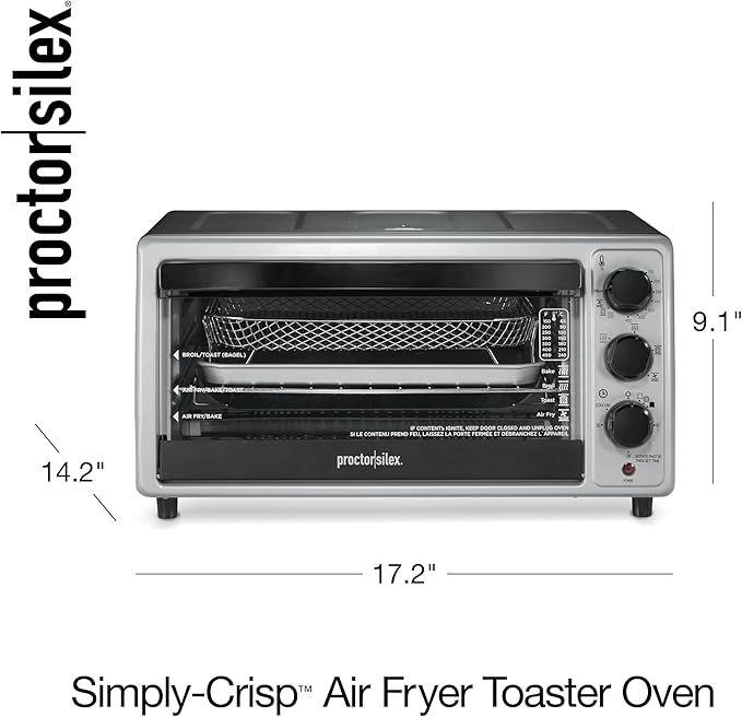 Proctor Silex Simply-Crisp Air Fryer Toaster Oven Combo with 4 Functions Including Convection, Air Fry, Bake & Broil, Fits 6 Slices or 12” Pizza, Auto Shutoff, Black (31275)