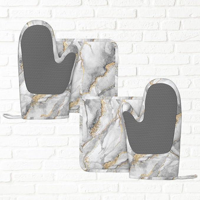 Marble Gold Gray Fashion Oven Mitts and Pot Holders Sets of 4, Heat Resistant Silicone Oven Mittens and Potholders Gloves Hot Pads for Kitchen Cooking Baking Grilling BBQ Chef