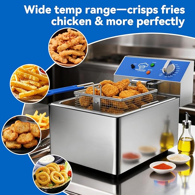 TOPKITCH 6L Electric Deep Fryer with Removable Oil Container and Handle, Solid Wire Mesh Basket and Lid, Lightweight Commercial Countertop Fryers - 120V 1800W