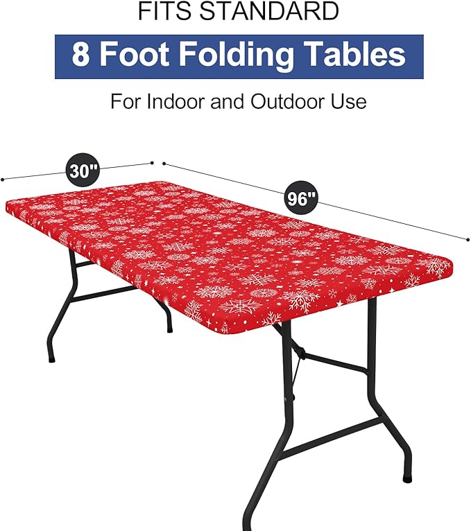 homing Rectangle Table Cloth Cover, Waterproof Polyester Elastic Fitted Tablecloth, Fits for 8 Foot Folding Tables, Washable Table Protector for Christmas, Holiday, Party (Snowflakes, 30" x 96")