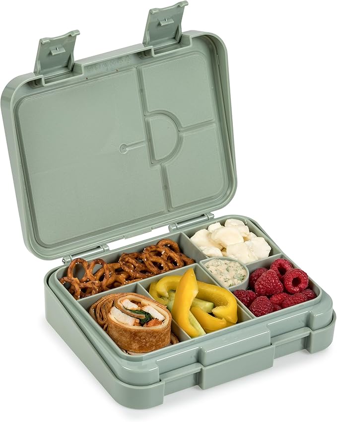 nouka Grand Bento Box | Easy to open latches | Spill Proof Design | 6-Compartment Removable Tray | Moss