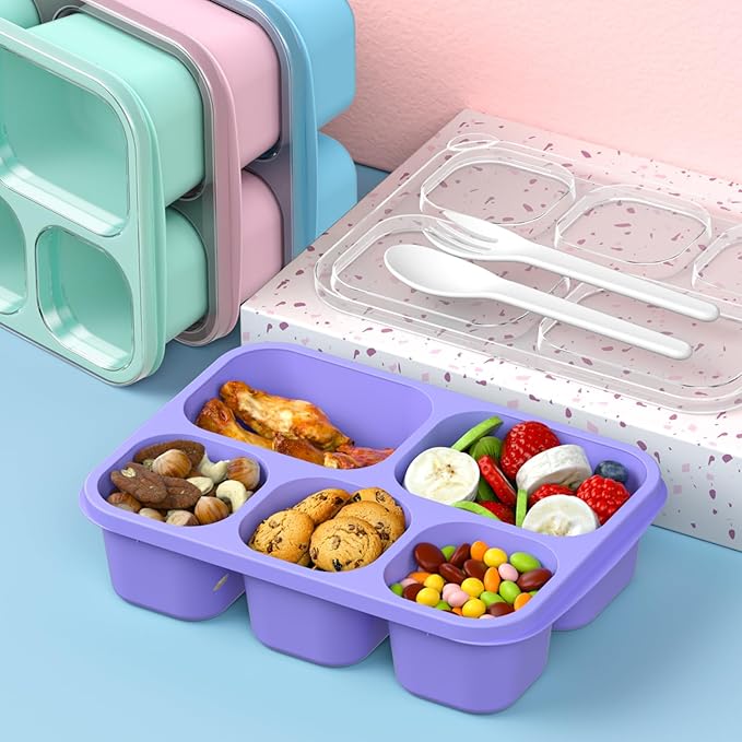 Bento Box Adult Lunch Box - 4 Pack, 5 - Compartment Meal Prep Container for Kids, Reusable Food Storage Snack Containers - Stackable for School, Work, and Travel (PP(Blue/Pink/Green/Purple))