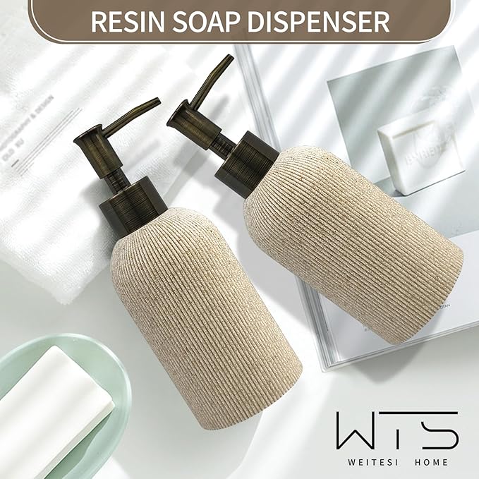 Hand Soap Dispenser for Bathroom and Kitchen Countertop, 10 oz Resin Soap and Lotion Dispensers Set with Plastic Rust Proof Pump, Boho Refillable Liquid Dish Soap Dispensers Bottle,Beige