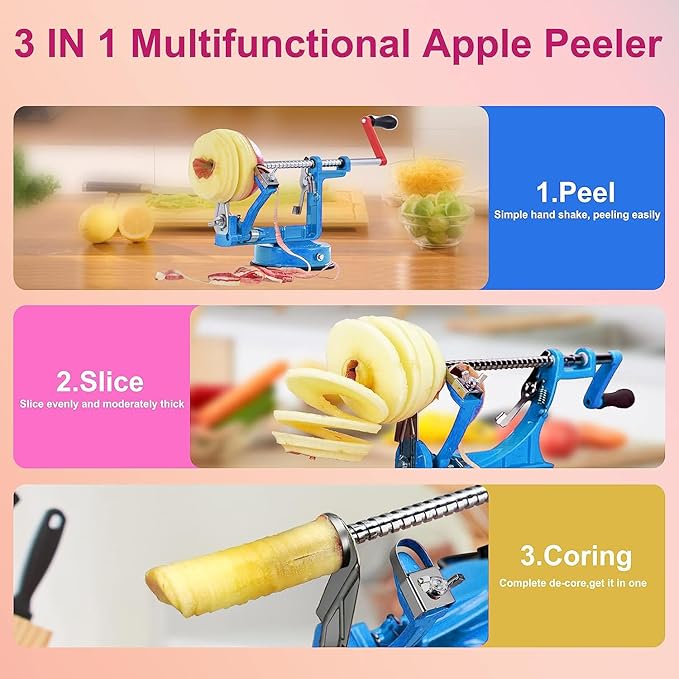 Apple Peeler, Slicer Corer Potato Peelers 3 In 1, Stainless Steel Heavy Duty with Suction Cup Base And 3 Extra Blades (Blue)