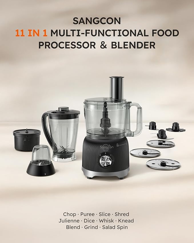 Sangcon Smoothie Blender and Food Processor Combo for Kitchen, 600W Vegetable Chopper with 2 x 8-Cup Bowls, 11-in-1 Food Chopper for Slicing, Shredding, Mixing, Purees & Dough, Shakes, BPA-Free