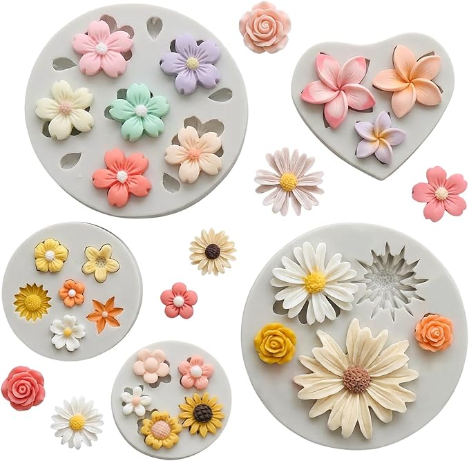 5 Pcs Flower Fondant Molds Flower Rose Daisy Silicone Chocolate Mold for Candy Fondant Polymer Clay Soap Ice Cube Crafting and Cake Cupcake Decoration