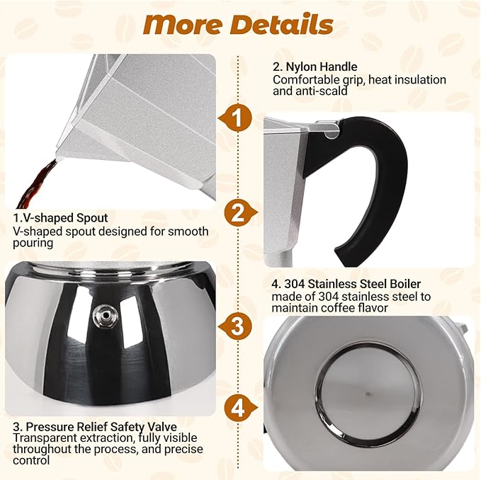 No Coating 6 Cup Aluminum and Stainless Steel Moka Pot Stovetop Espresso Maker Italian Coffee Machine 350ml 11.84oz Suitable for Gas Induction Stovetop Greca Coffee Maker Percolator Silver