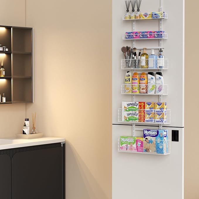 Bunoxea 6-Tier Over The Door Pantry Organizer,Hanging Spice Rack with Adjustable Basket,Over Door Racks,Pantry Organization And Storage, Laundry Room,Bathroom,Large Capacity,D5.3xW15.7xH60.9in