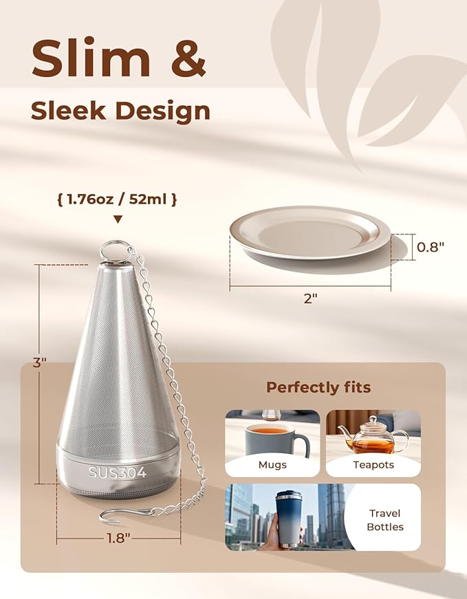 Cone Tea Infusers for Loose Leaf Tea, 304 Stainless Steel Tea Strainer Fine Mesh, 1.8” x 3” Loose Leaf Tea Steeper with a Drip Tray