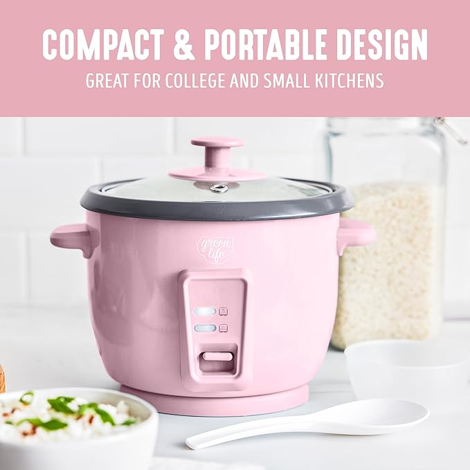 GreenLife Rice Cooker with Removable PFAS-Free Ceramic Nonstick Pot, 3-Cups Uncooked/6-Cups Cooked, Grains & Oatmeal Multicooker, Compact One-Switch Design, Auto Keep Warm, Easy Clean, Pink