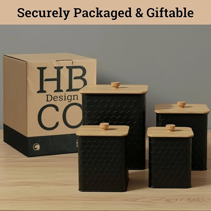 Kitchen Canisters for Countertop Set of 4 - Textured Iron Kitchen Canisters with Airtight Lids - Flour Sugar Canister Set - Flour and Sugar Containers Farmhouse - Coffee Jar for Counter - Black Jar x4