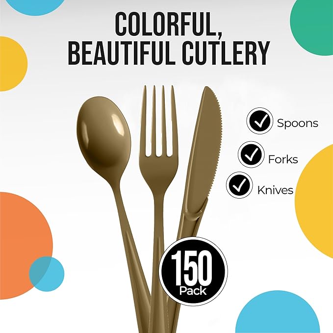 Party Solids Gold Plastic Silverware Heavy Duty 150 Pieces Gold Plastic Cutlery Sets, Utensil Sets, 50 Of Each Forks, Knives & Spoons Disposable Cutlery Set, Flatware Set For Party Supplies