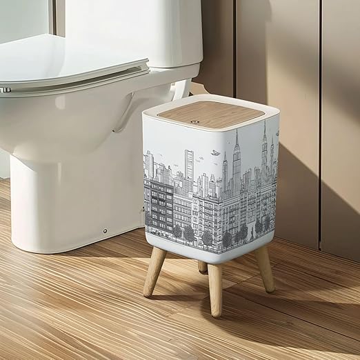 Small Trash Can with Lid Hand drawn panorama New York City skyline cityscape seamless suitable Wastebasket with Press Cover Dog Proof Garbage Can Waste Bin for Kitchen Bathroom Nursery 2.6 Gallon