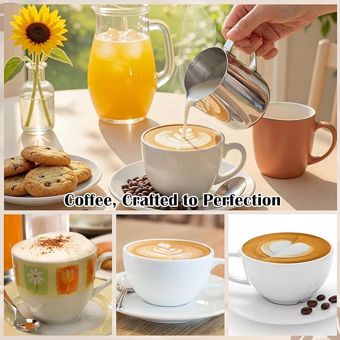 Honeydak 12 Pcs Milk Frothing Pitcher 304 Stainless Steel Steaming Pitchers for Coffee Bar Cappuccino Barista Tools Milk Jug Steamer Frother Cup (7 oz,Silver)