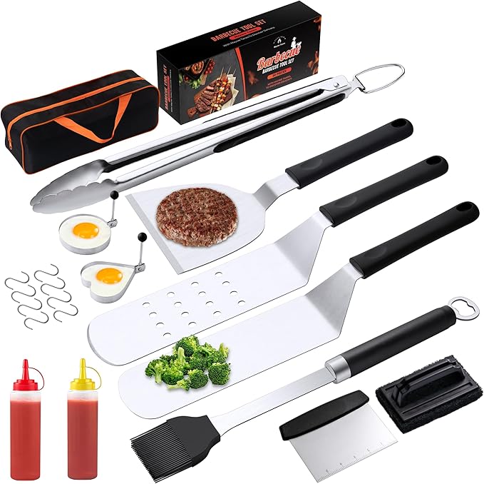 Griddle Accessries Kit, 20Pcs Stainless Steel Metal Spatula Set, Grill BBQ Spatula Utensils Set with Storage Bag, Professional Grill Spatula Set for Men Women Outdoor BBQ & Camping