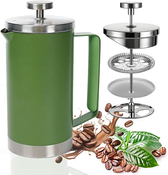Stainless Steel French Press Coffee Maker 21OZ, 600ml Coffee Press Tea Press for Personal, Office, Travel,Camping (Green, 1-3 Cups)