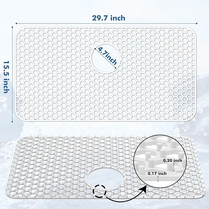 Bestjing Silicone Sink Protectors for Kitchen Sink with Rear Drain - 29.7"x 15.5" Kitchen Protector Accessory, Non-Slip Heat Resistan Mat for Bottom of Farmhouse Stainless Steel Porcelain (White)