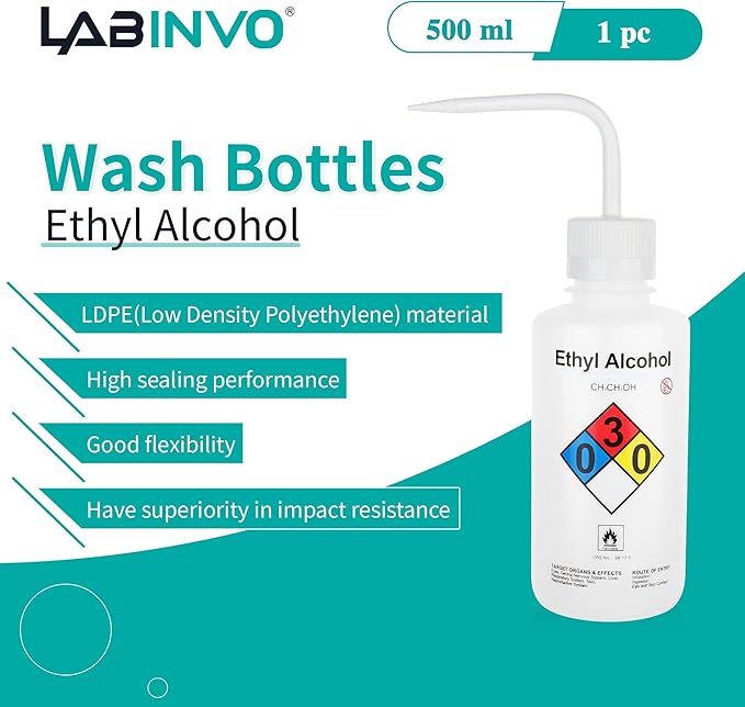 Ethyl Alcohol Wash Bottles, 1PC of Vol.500ml (17oz), Narrow Mouth, Self-Venting Safety Wash Bottles, LDPE Material,IN-WBE501