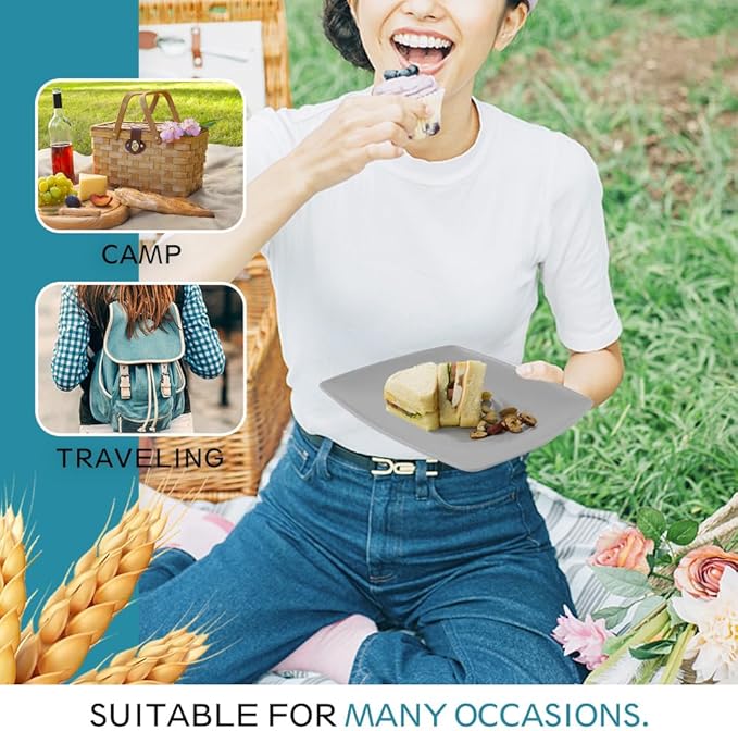 Teivio 32-Piece Kitchen Plastic Wheat Straw Squircle Dinnerware Set for 8, Unbreakable Dinner Plates, Salad Plates, Square Cereal Bowls, Cups 13.5 oz, Dishwasher Safe,Gray Ombre