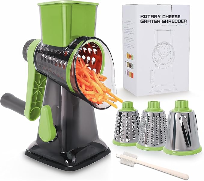 Rotary Cheese Grater Multi-Purpose Stainless Steel Shredder- Cheese Grater With handle Effortless Grating of Vegetables, Nuts and Fruits,with Suction Base and Cleaning Brush (green)