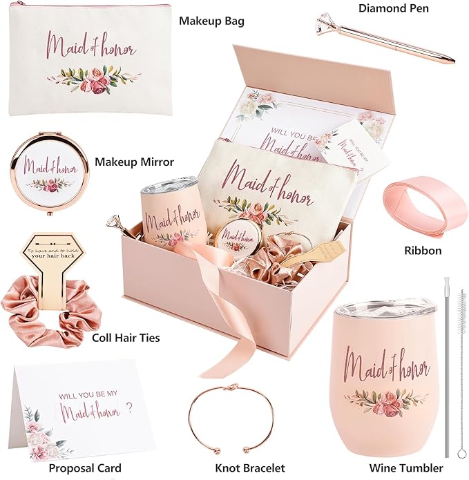 CARAKNOTS Maid of Honor Proposal Gift Box Set, Will You Be My Maid of Honor Gift, Pink Ready to Gift Bridesmaid Box with 12 oz Stainless Steel Tumbler, Bridal Party Bachelorette Wedding Favo