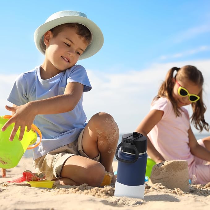 Volhoply 14oz Water Bottle with Straw Lid and Silicone Boot Bulk 6 Pack,Stainless Steel Insulated Cups for Boys & Girls Multipack,Double Wall Vacuum Leakproof KIds Bottles(Navy,6)