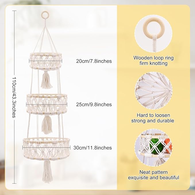 3 Tier Hanging Basket, Macrame Hanging Basket for Fruit and Vegetable Storage, Cotton Rope Woven Baskets for Kitchen, Decorative Boho Decor Hanging Plant Holder