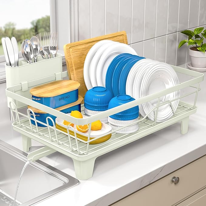 Urackify Dish Drying Rack for Kitchen Counter, Sink Dish Rack with Drainboard, Large Dish Drainer with Cups Holder, Home Countertop Plate Dryer Storage Rack with Cutlery Holder, Soft Celery Green