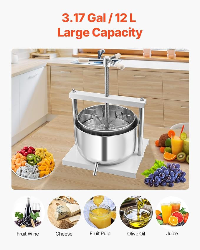 VEVOR 3.17 Gal/12L Fruit Wine Press, 2 Stainless Steel Barrels, Manual Juice Maker, Cider Apple Grape Tincture Honey Olive Oil Making Press with Triangular Handle for Outdoor Kitchen Home