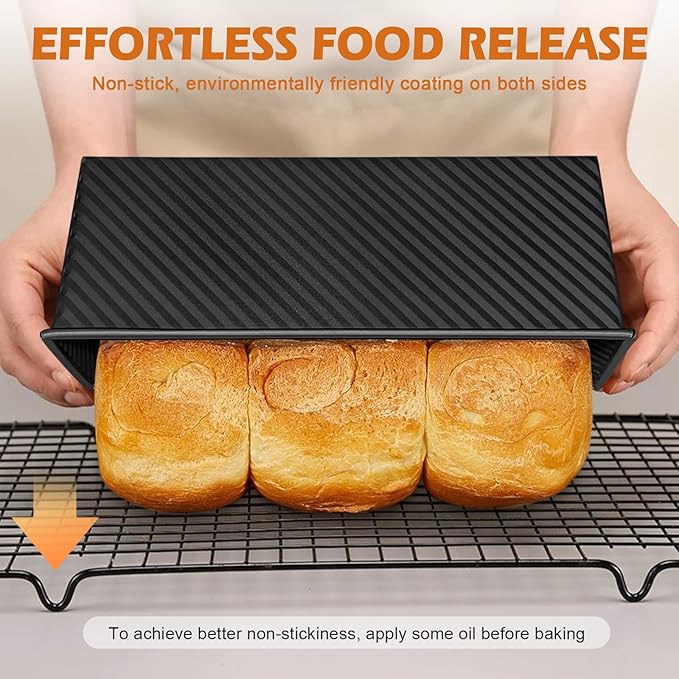 2Pack Large Bread Pan with Lids – 2.2LB Dough Capacity, Non-Stick Carbon Steel Bread Pans for Homemade Sandwich and Sourdough Bread, Corrugated Toast Mold (Black)