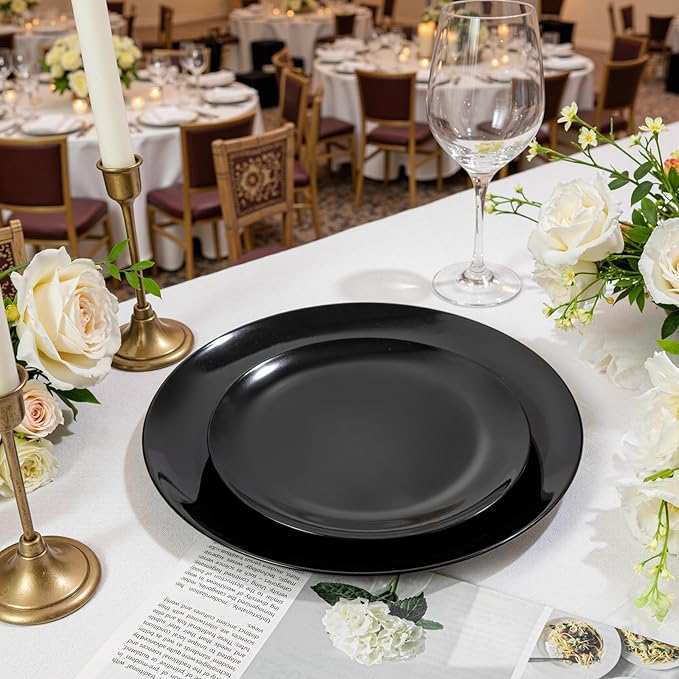PULOTE 60 PCS Black Plastic Plates - Include 30 Dinner and 30 Dessert Plates, Black Disposable for Party,Birthday & New Year