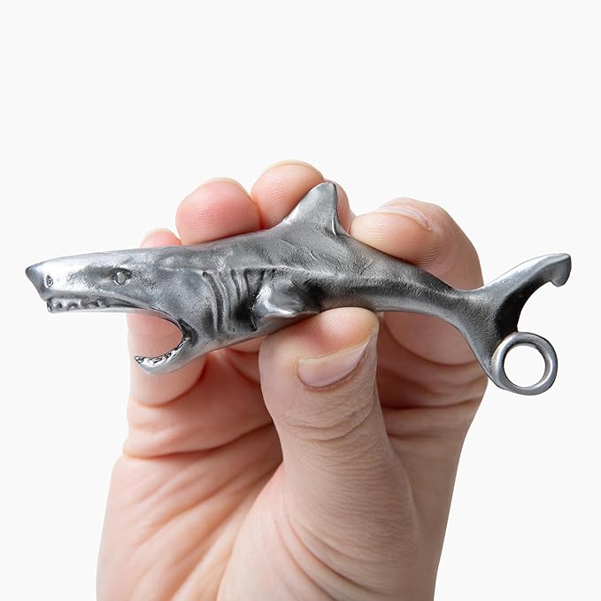 Great White Shark Bottle Opener - Heavy Duty Beer & Soda Cap Opener - Unique Ocean Theme Bar Tool - Fun Beach House Kitchen Gadget Gift (Antique Silver)