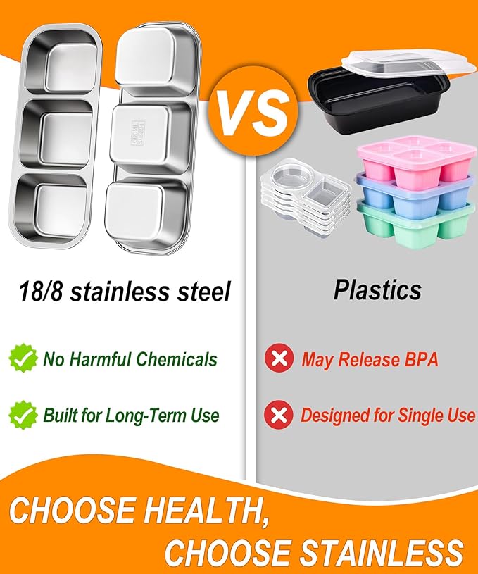KTKUDY 5 Pack Stainless Steel Snack Containers for Kids & Adults - Large - Leak-Proof 3-Compartment Stackable Snack Lunch Boxes for School, Work & Travel