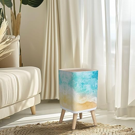 Small Trash Can with Lid Abstract Beach Sea Summer Grunge Background Wave Sand Pastel Crayon Wastebasket with Press Cover Dog Proof Garbage Can Waste Bin for Kitchen Bathroom Nursery 2.6 Gallon
