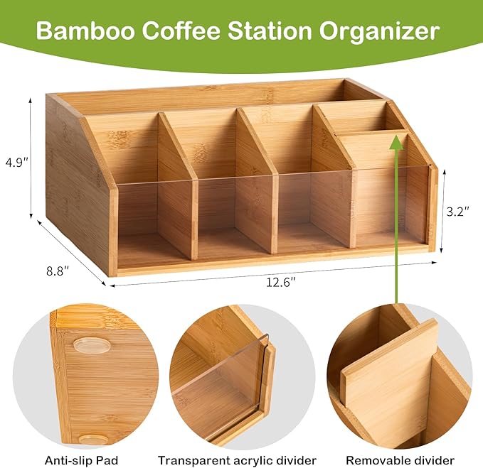 Bamboo Coffee Station Organizer for Countertop, Coffee Bar Accessories Organizer with 6 Compartments for Tea Bags Condiment, Pods, Creamer, Stirrer, Syrup, Cups
