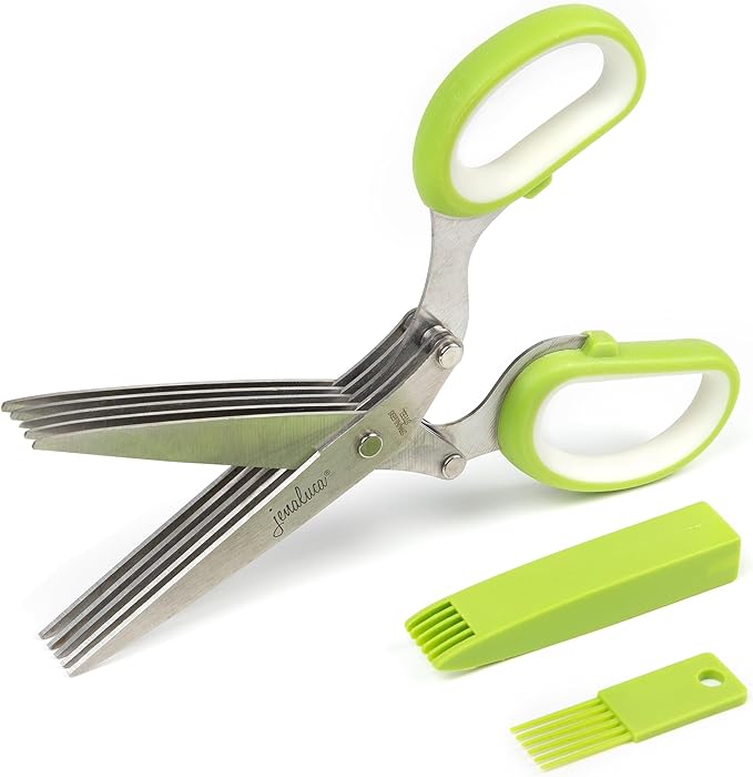 Jenaluca 5 Blade Herb Scissors - Cut & Chop Fresh Herbs & Leafy Greens - Salad Scissors - Stainless Steel Kitchen Shear Set with Cleaning Comb & Safety Cover - Kitchen Gadget - Green