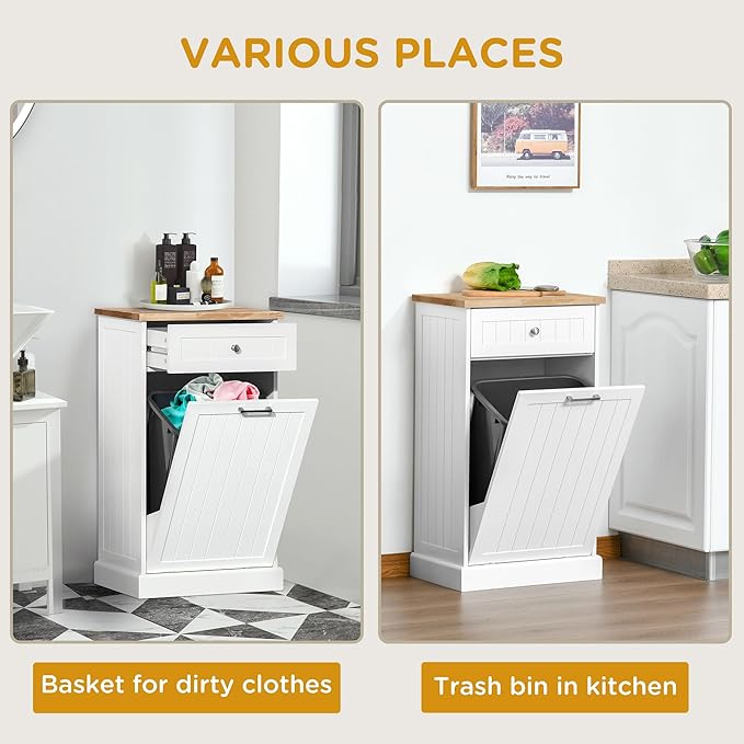 HOMCOM 10 Gallon Tilt Out Trash Cabinet, Wooden Hidden Trash Can with Storage Drawer for Kitchen, Laundry Hamper Cabinet for Bathroom, White
