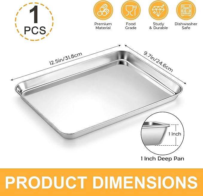 Onader 9 x 13 Inch Baking Sheet, Stainless Steel Quarter Sheet Pan for Baking & Roasting, Metal Cookie Toaster Oven Pan Tray, Heavy Duty & Dishwasher Safe, 1-Pack (Actual Size: 12.5" x 9.7")