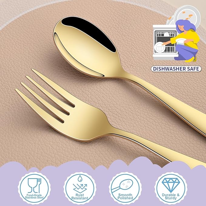 DEHOV Gold Toddler Eating Utensils Set,Set Of 12 Food Grade Stainless Steel Silverware Sets For Kids,Dishwasher Safe Children Small Metal Spoons And Forks Flatware Sets