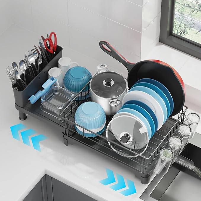 GSlife Large Dish Drying Rack for Kitchen Counter, Expandable Rust Resistant Dish Drainer with Drainboard & Utensil Holder, Adjustable Dish Rack with Vertical Pot Storage, 12.6"W x 18.7"-25.2"L, Black