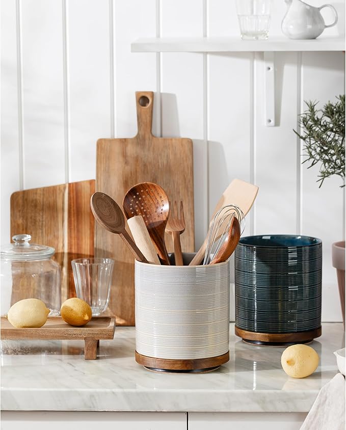 Utensil Holder, 360° Rotating Extra Large Ceramic Kitchen Utensil Holder for Countertop, 7.3“ Cooking Utensil Crocks for Kitchen Counter with Rotatable Wooden Base, Farmhouse Decor, Grey