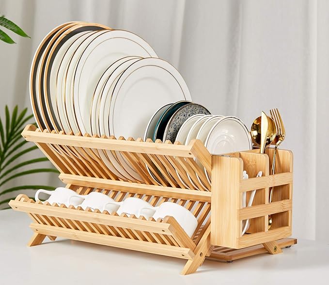 NOVAYEAH Bamboo Dish Drying Rack with Utensil Holder, Collapsible Wooden Dish Drainer Rack, 3-Tier Large Folding Drying Holder for Kitchen Counter 51 pcs Grid