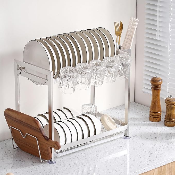 Dish Drying Rack, Double Layered countertop Kitchen Organizer with Drainage Large Bowl Rack and Storage Rack with Drainage Board (Silver Upgraded Version)